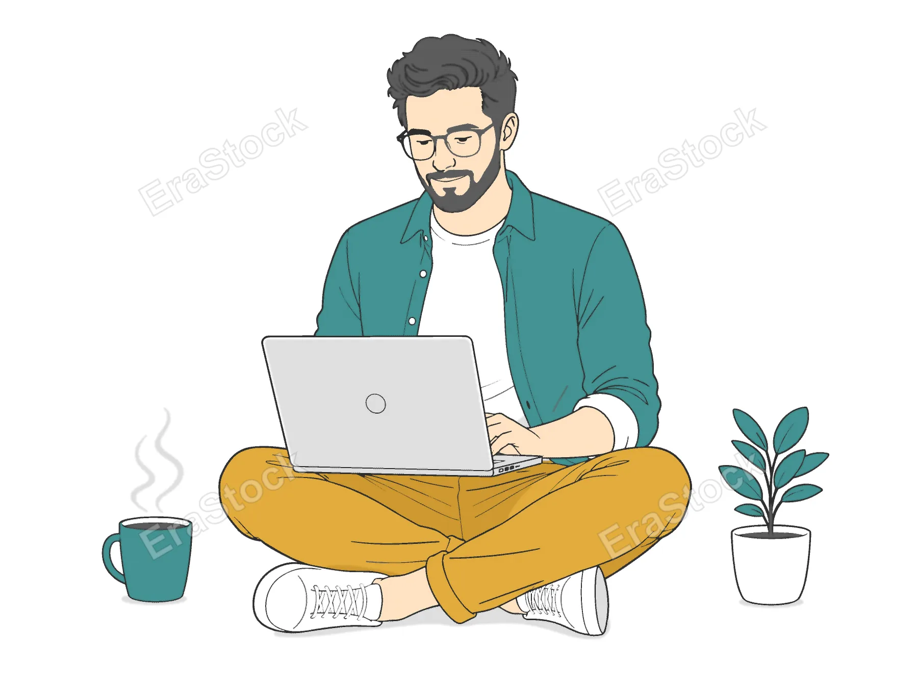 A man with glasses and a beard works on his laptop while sitting comfortably on the floor, with a steaming mug of coffee and a potted plant nearby