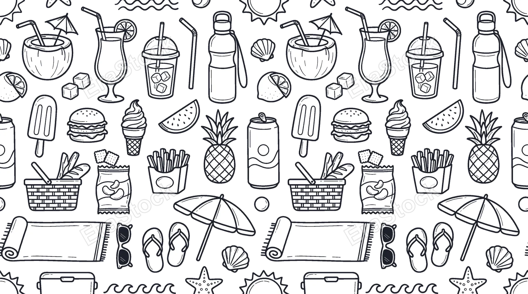 Summer beach snacks and refreshing drinks concept focused on relaxing seaside moments, casual vacation food, and sunny leisure lifestyle. Objects of coconut drink, cocktail glass,