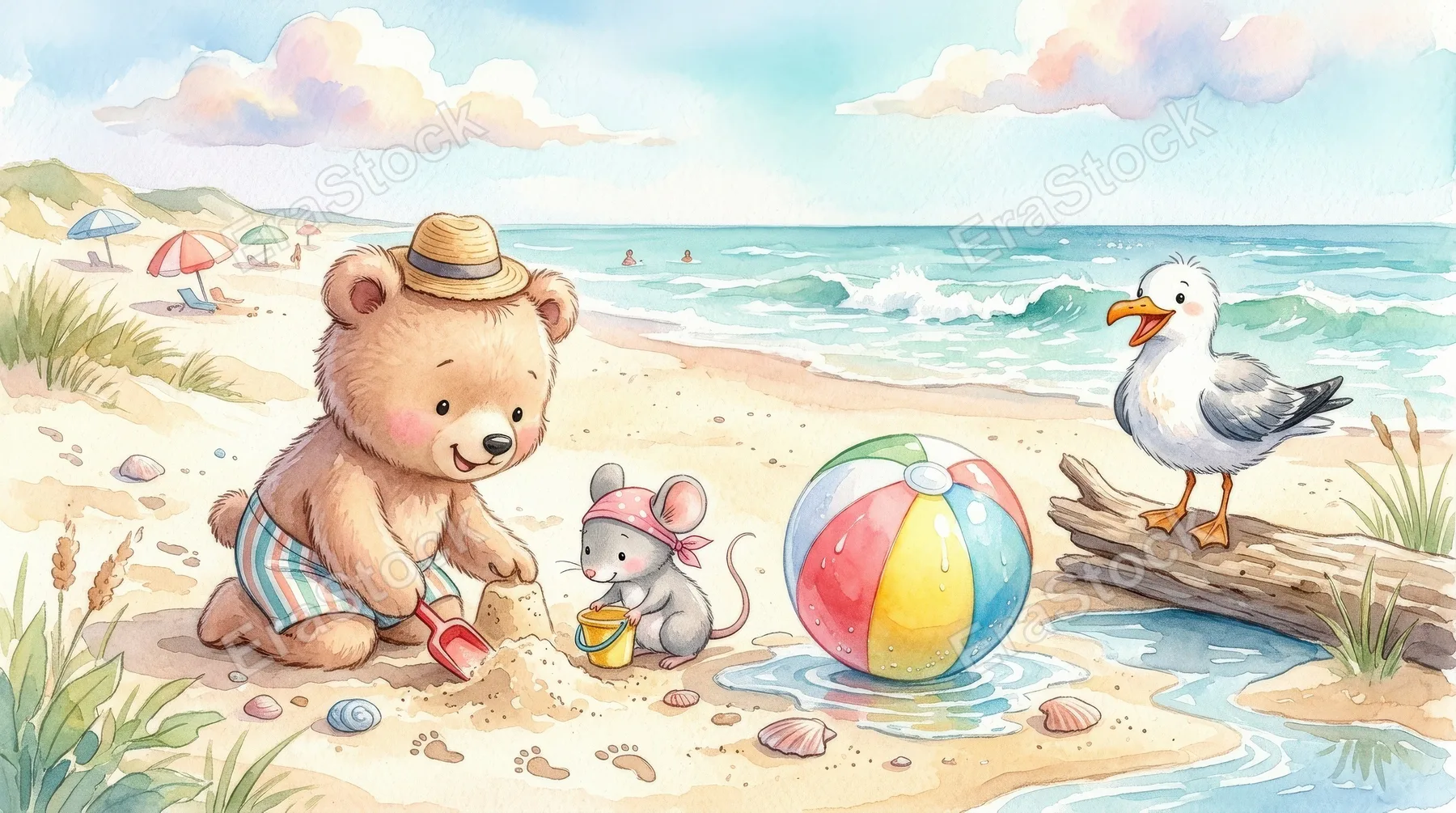 A summer watercolor set with a cute bear, little mouse, seagull, and beach ball, playful seaside energy, pastel tones, sweet childish atmosphere, ultra-realistic, no logos.