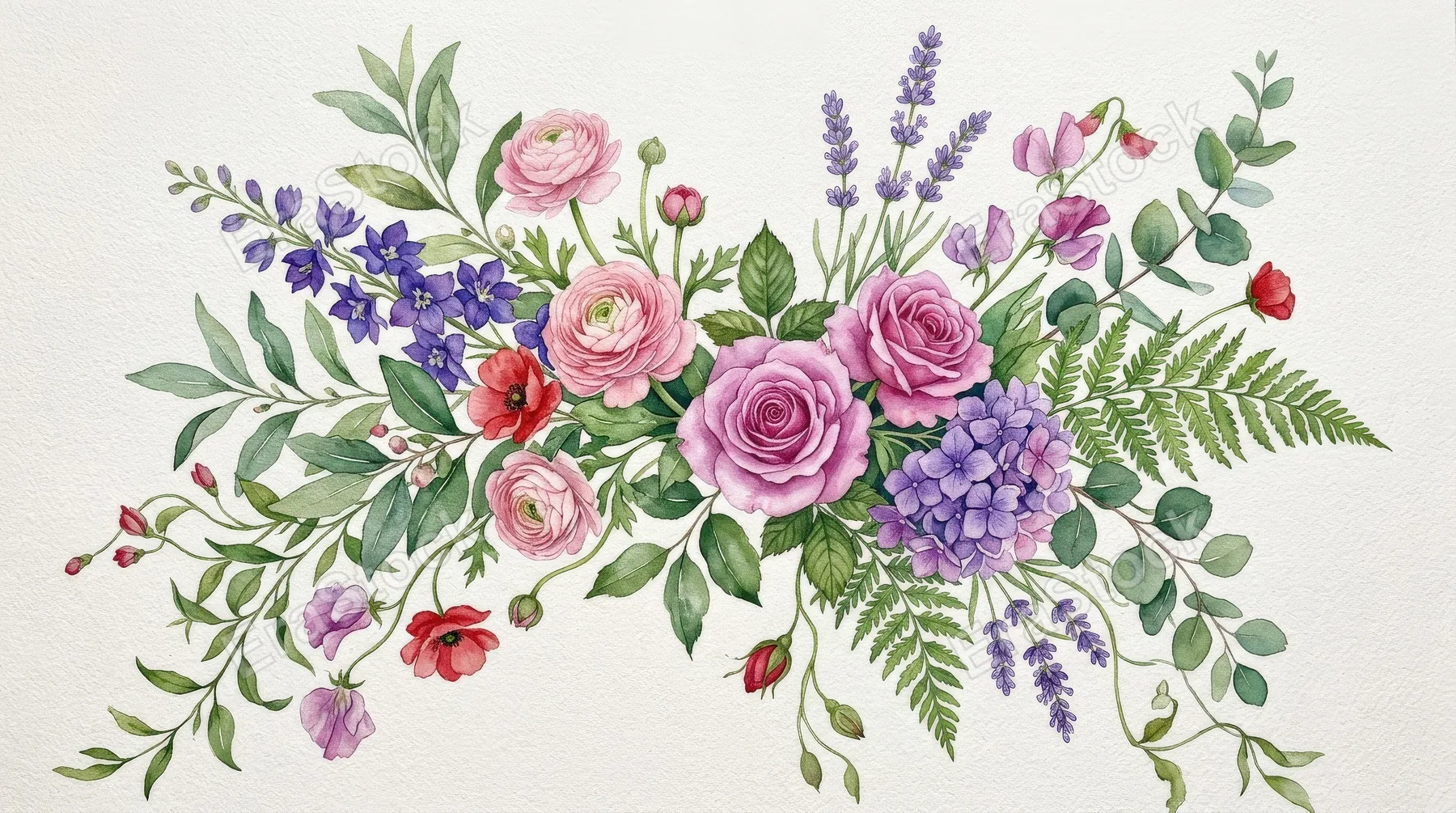 Watercolor floral illustrations with flowers and leaves in pink, purple, red and green, delicate botanical brushwork and romantic garden softness, elegant decorative mood, ultra-realistic, no logos.