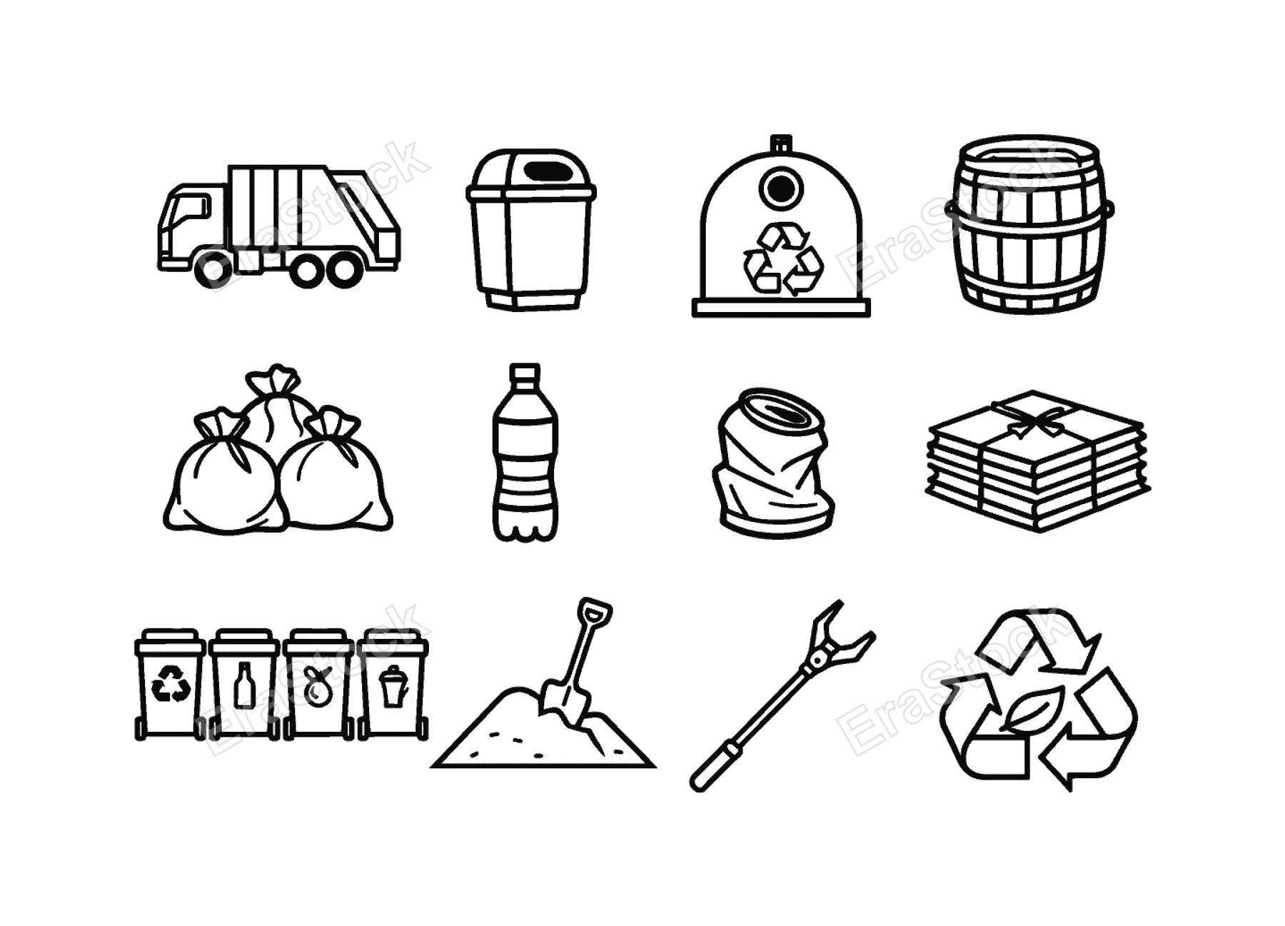 Urban waste collection: garbage truck, street trash bin, recycling container, compost bin barrel, trash bag pile, plastic bottle, crushed aluminum can, paper stack bundle, waste