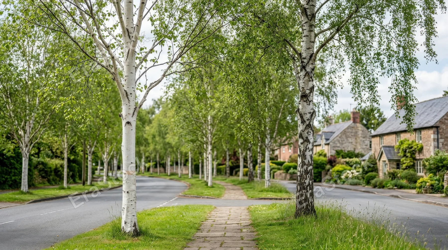 Himalayan birch and silver birch street trees with pale trunks and airy crowns, frontal isolated landscape set with elegant natural contrast, ultra-realistic, no logos.