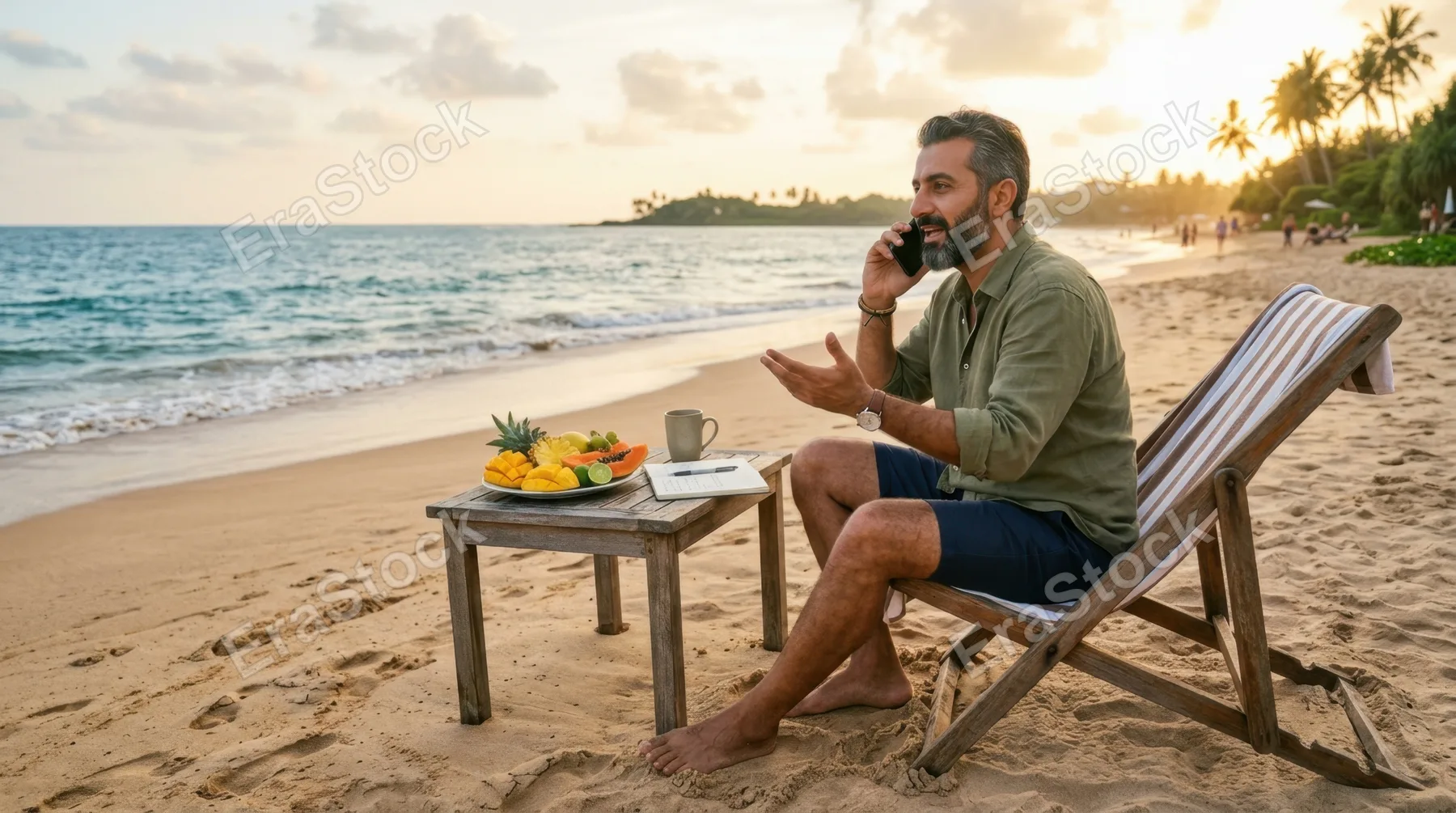 a wide-angle shot captures a 45-year-old middle-eastern male entrepreneur engaged in a strategy call on a serene beach, with the azure sea gently lapping at the shore. he