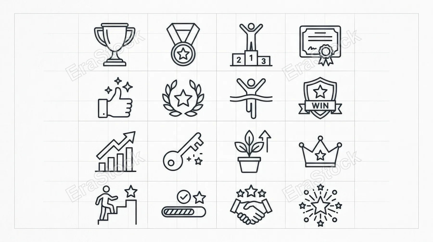 A success and award icon set with trophies, thumbs up, keys, growth and winning symbols in editable outline style, confident achievement mood, ultra-realistic, no logos.