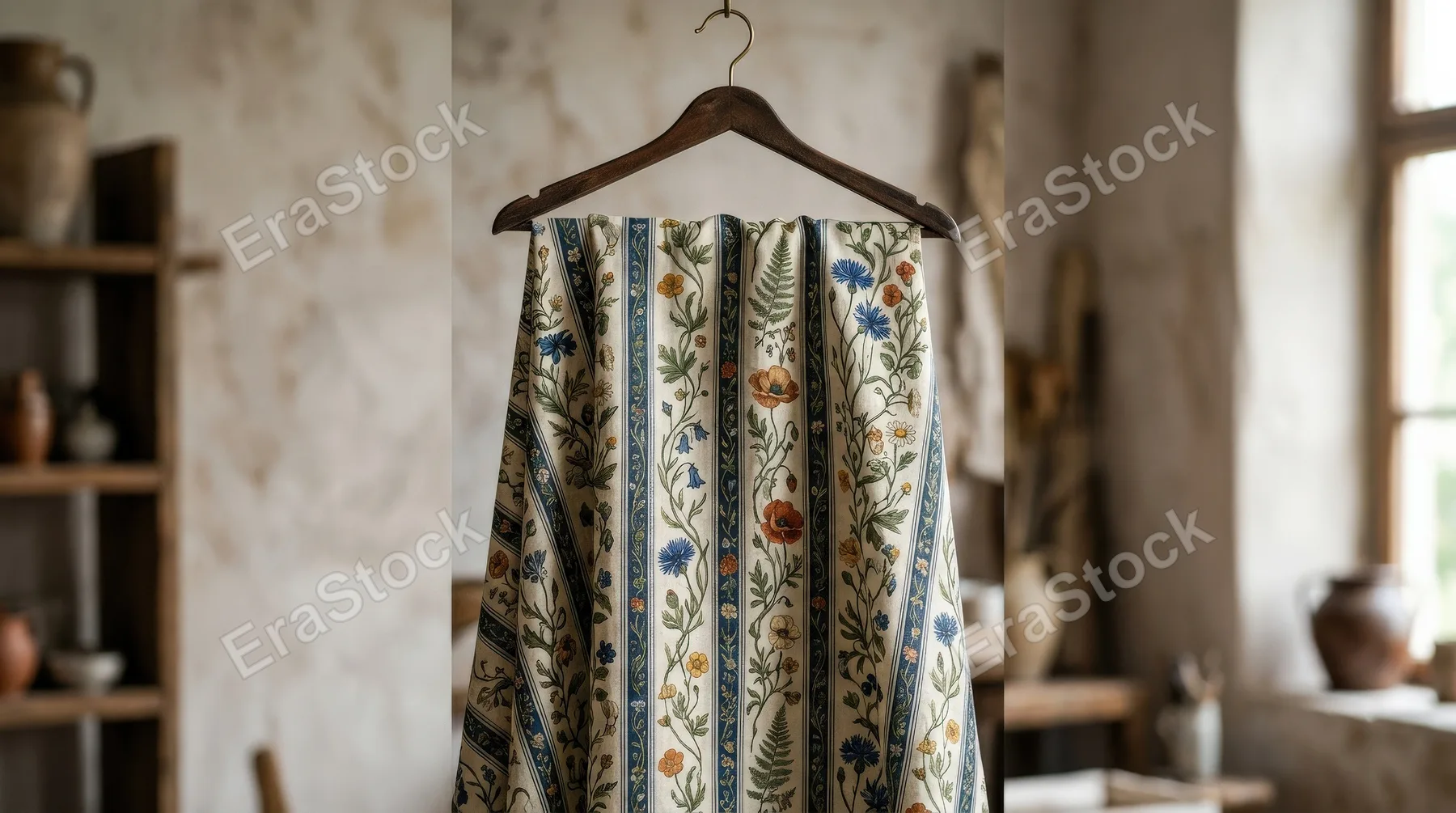 A trendy vertical striped floral pattern with wildflowers and intertwining leaves, vintage-inspired fashion textile elegance, ultra-realistic, no logos.