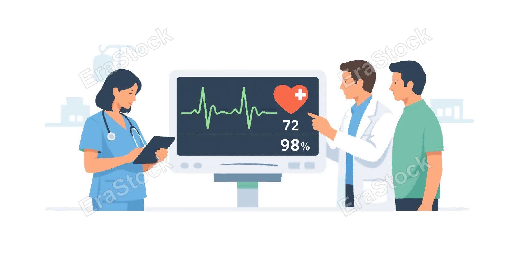 Healthcare monitoring scenario where medical professionals track patient vital signs using advanced digital equipment in a clinical environment, symbolized by a medical