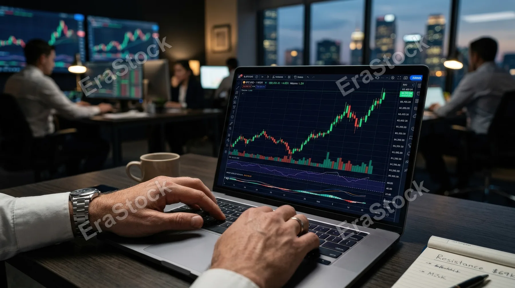 Hands on a laptop with a rising candlestick chart on screen, sharp market visuals, trading analytics glow, ambitious wealth-management atmosphere, ultra-realistic, no logos.