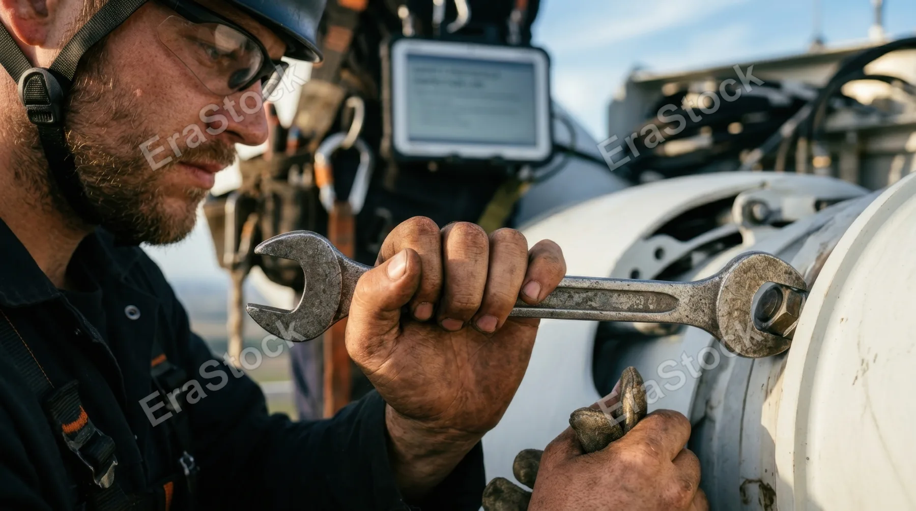 a close-up detail of the wind turbine technician's hands gripping a wrench as he inspects the turbine blade, highlighting the texture of the metal and the focus in his