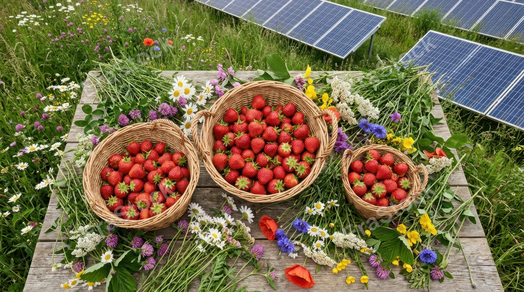 a distinctive overhead flat lay view of the baskets filled with strawberries complemented by wildflowers and solar panels peeking out from the landscape, presenting a