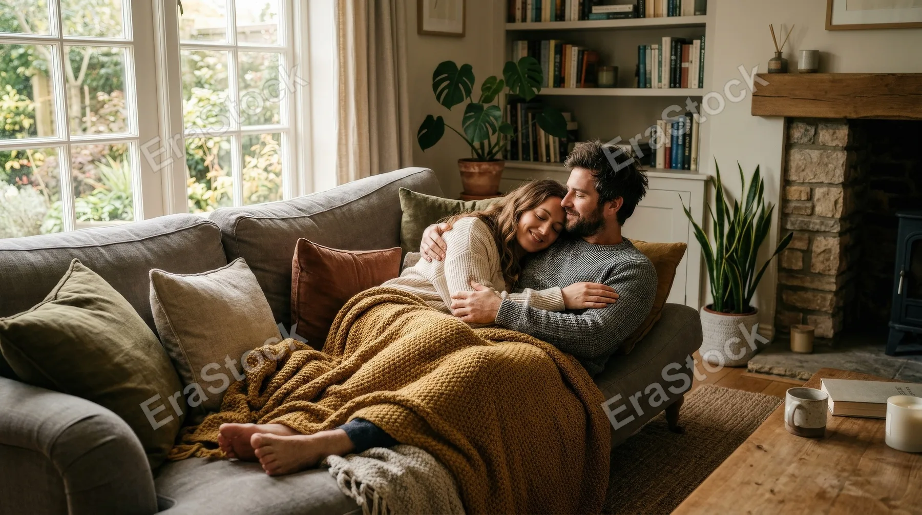A couple stretched out on a soft couch in a cozy living room, intertwined in relaxed comfort, textured throws and muted cushions, warm window light and gentle shadows, serene intimate mood,