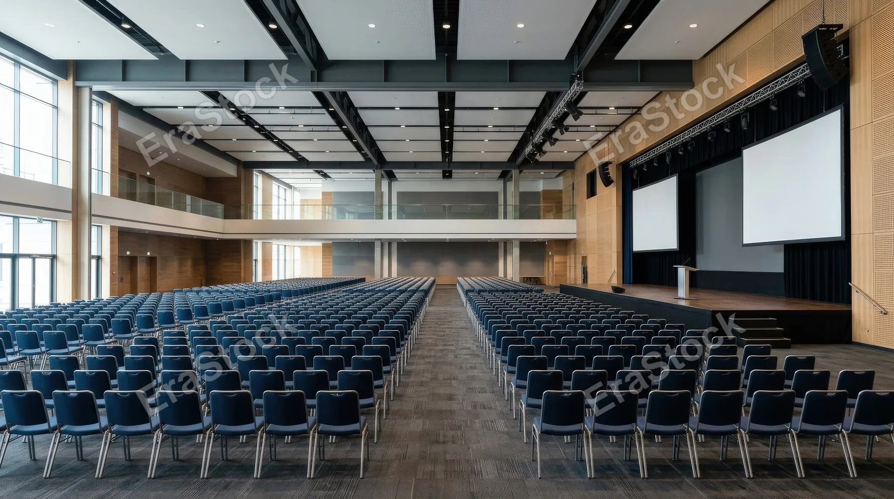 A large conference hall without people, spacious interior, rows of chairs, stage and projection area, clean modern architecture under balanced ambient light, ultra-realistic, no logos.