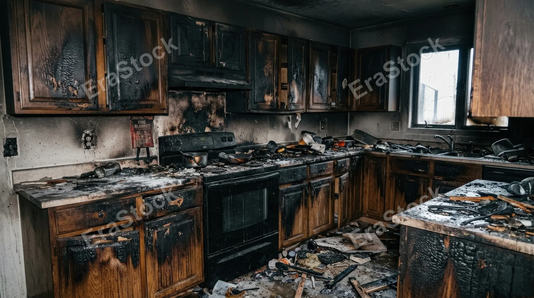 A kitchen after a fire with scorched cabinets smoke damage and extinguished flames, realistic debris, darkened surfaces, somber aftermath, visual concept of prevention response and recovery,
