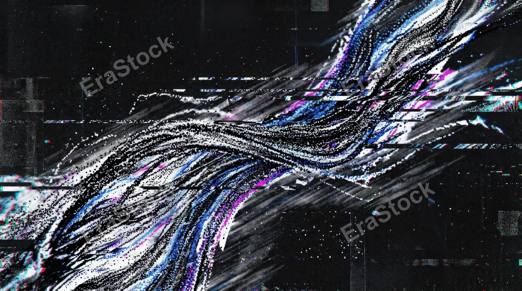 Dynamic glitch flow lines built from stippled dotwork, grainy movement, ultra-detailed texture and sharp digital distortion energy, ultra-realistic, no logos.
