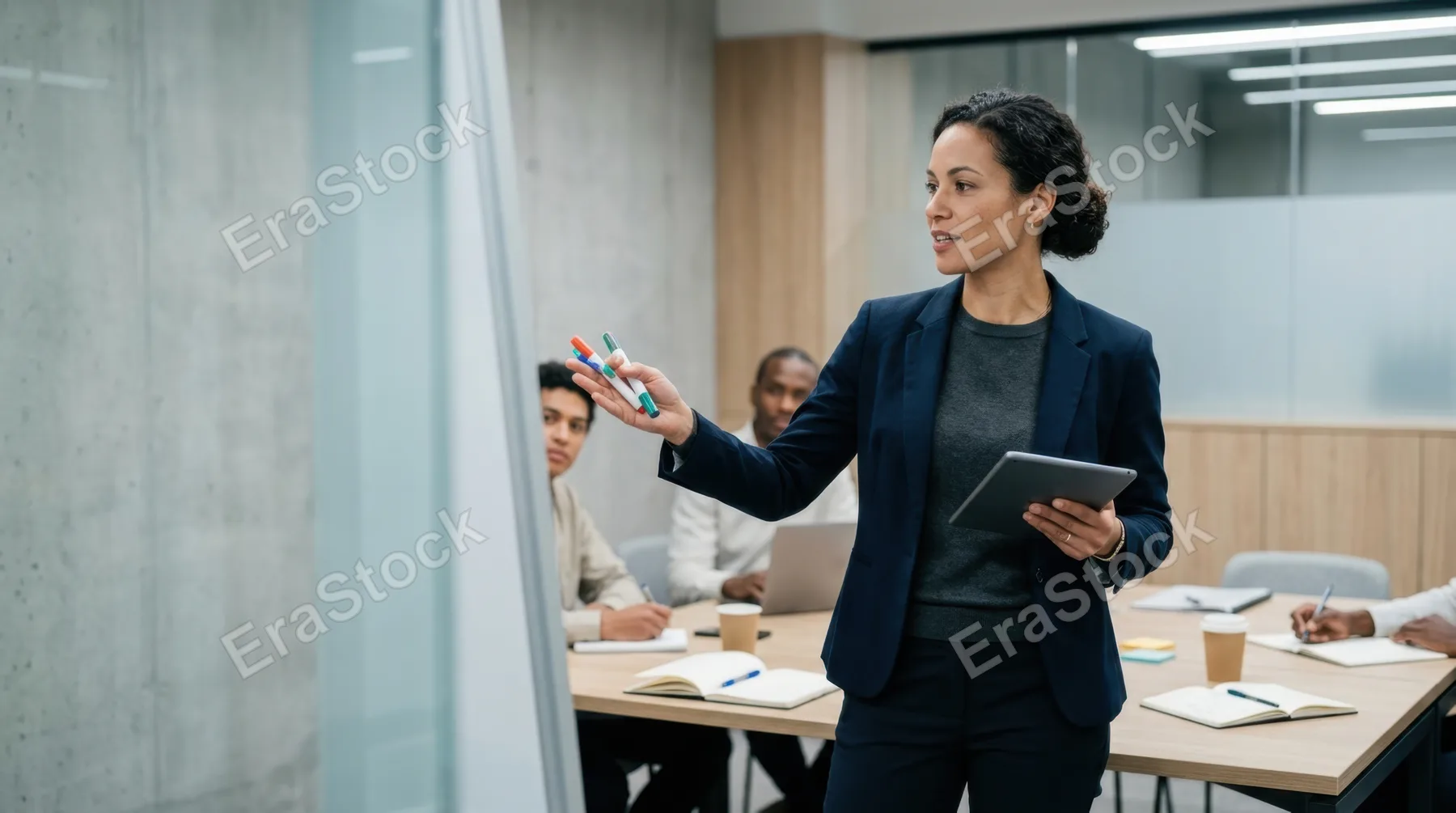a clean and bold composition features the project leader prominently, her standing figure exuding confidence in dynamic brainstorming as she holds a tablet and colorful