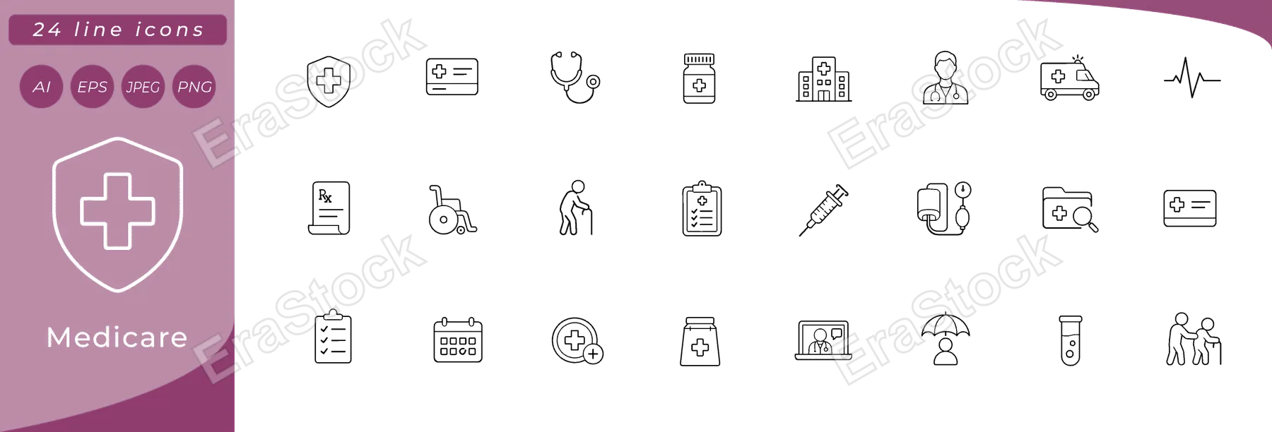Medicare: medical cross shield, health insurance card, stethoscope, pill bottle, hospital building, doctor silhouette, ambulance side view, heartbeat line, prescription notepad, wheelchair symbol