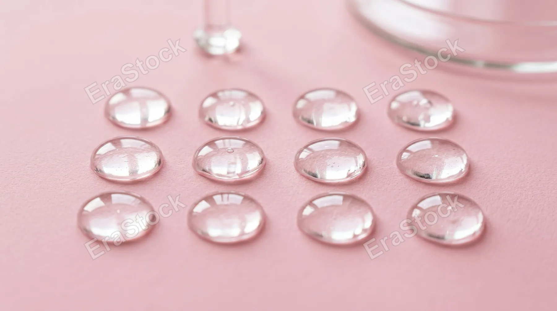 Round serum oil samples on a pink background, glossy gel texture with hyaluronic-inspired clarity, clean cosmetic testing aesthetic and soft feminine mood, ultra-realistic, no logos.