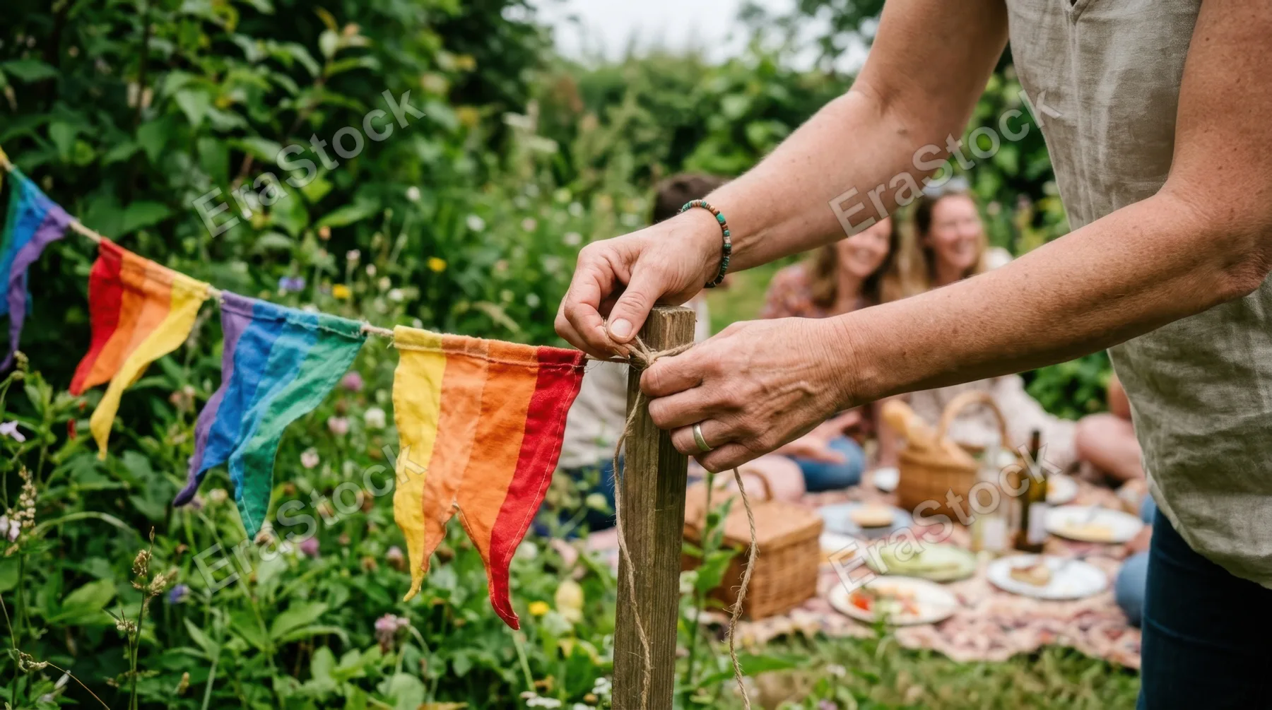 focusing on the host's hands as she secures the rainbow-colored flags amidst the greenery, captured in intimate detail to highlight the texture of the flags and the