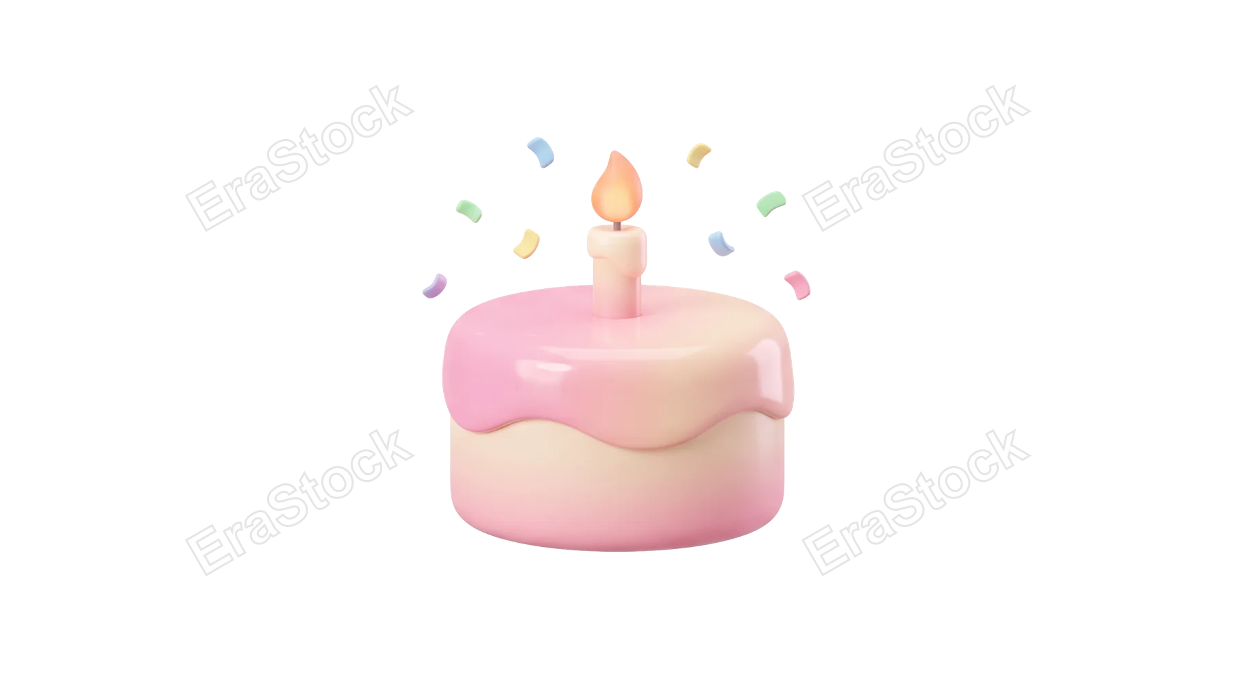 A charming 3D illustration of a pink and cream frosted cake topped with a glowing candle and surrounded by colorful confetti, perfect for celebrations