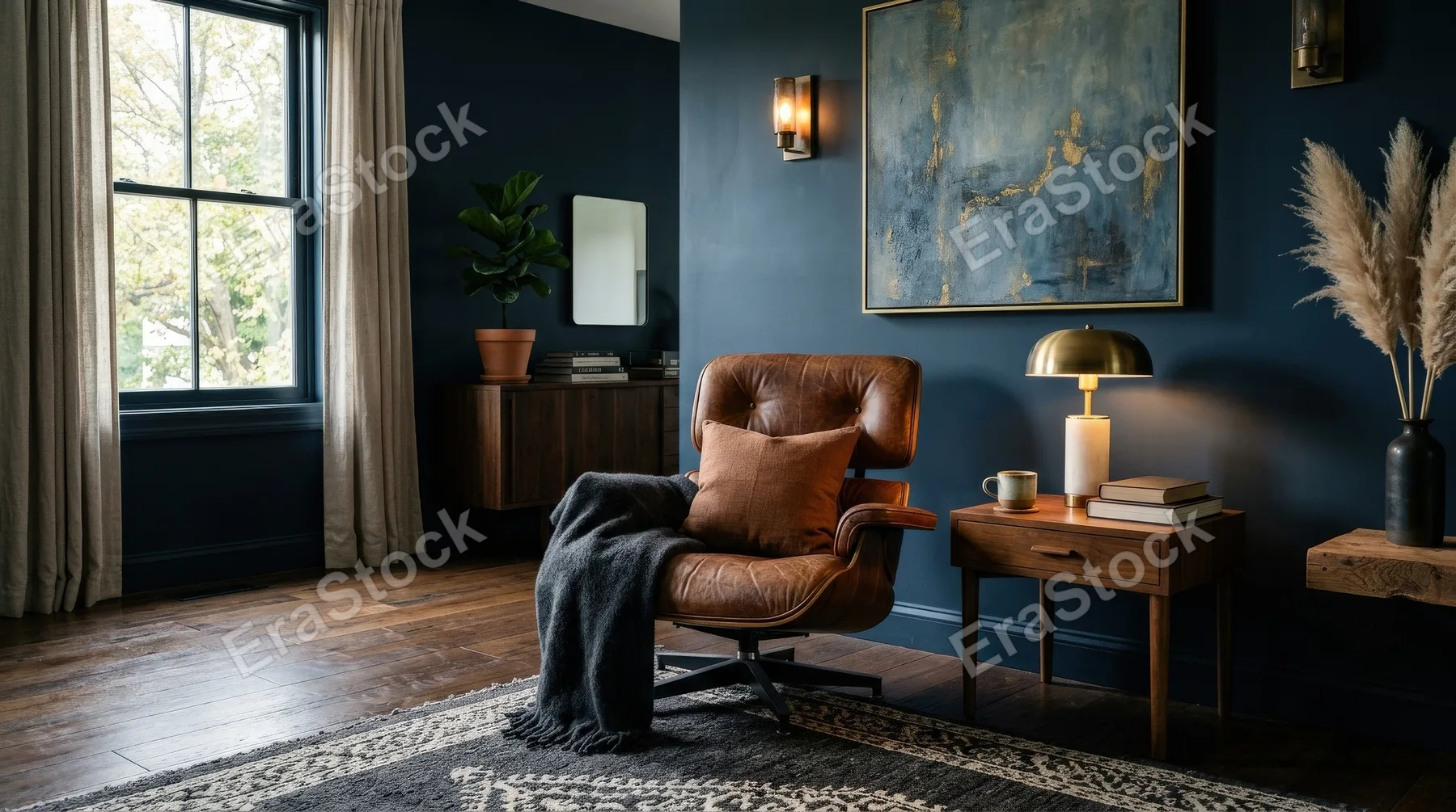 A modern living room with a leather armchair on wood flooring against a dark blue wall, rich textures and moody refined atmosphere, ultra-realistic, no logos.
