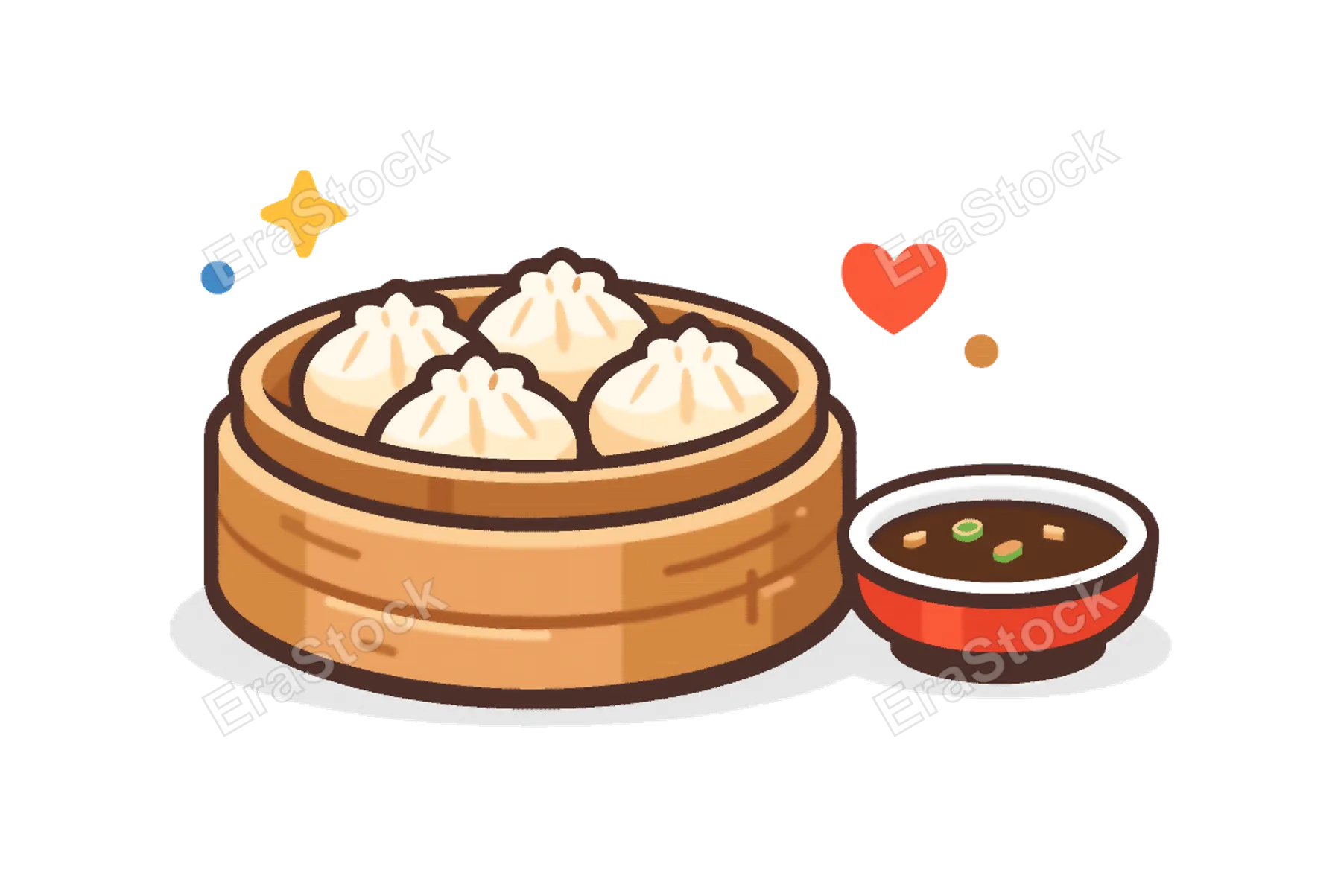 Asian street food and casual dining concept celebrating the popularity of dumplings as a convenient and satisfying dish, a bamboo steamer basket with several dumplings beside a