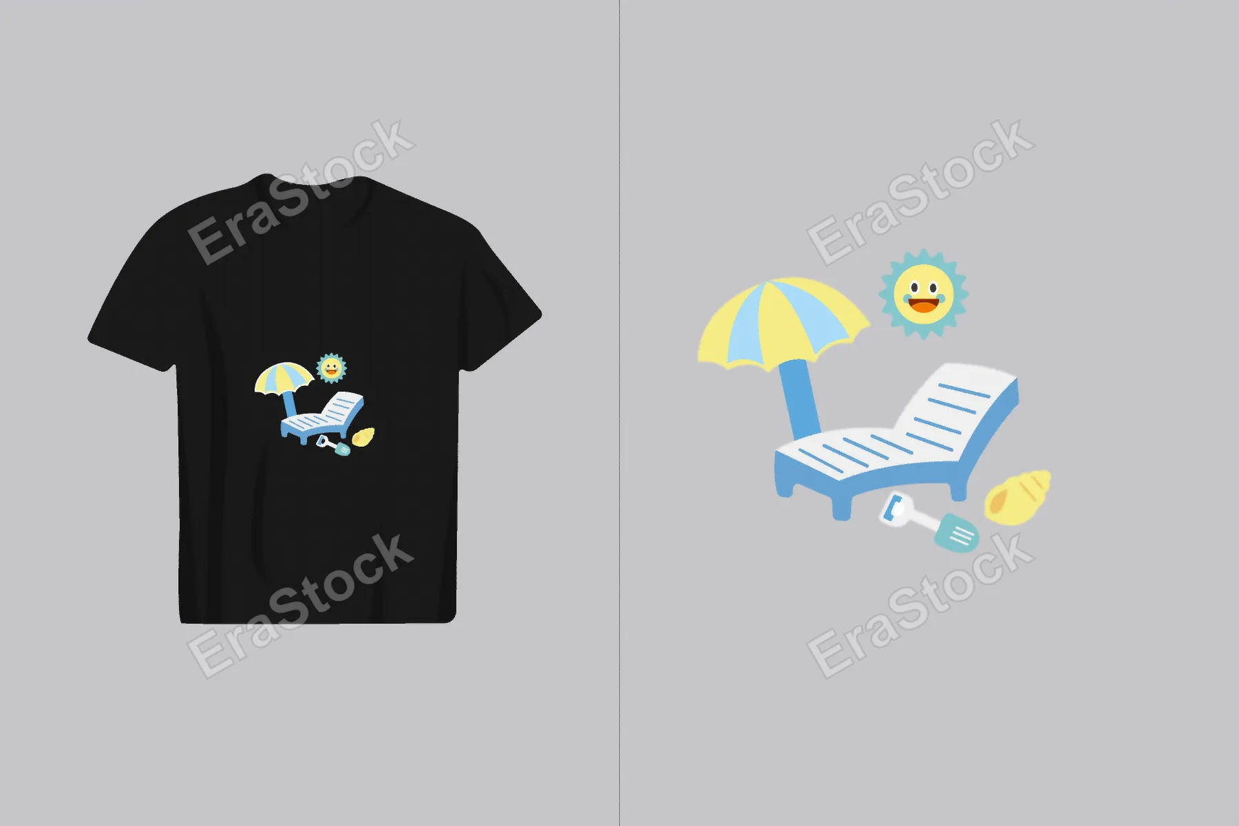 A playful graphic featuring a sun, beach umbrella, lounge chair, shovel, and seashell, perfect for summer apparel designs