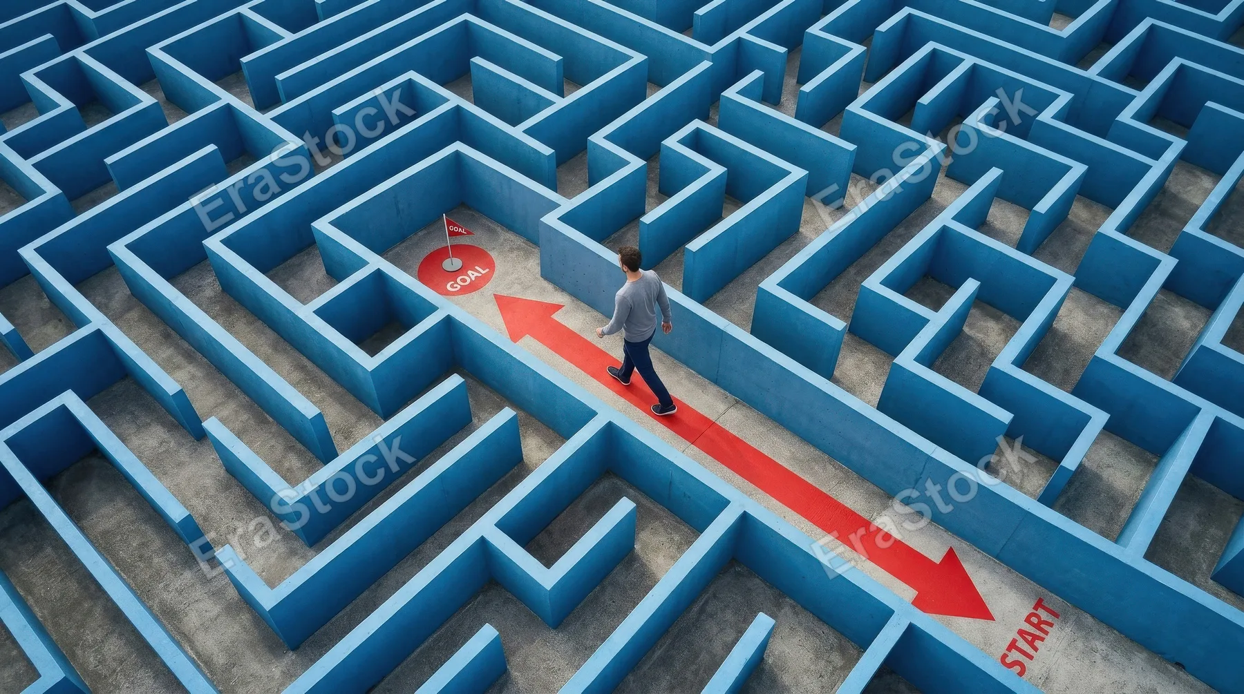 A man walking on a red arrow path through a blue maze, clean composition, strong color contrast, overhead perspective and a focused atmosphere of optimized strategy and direct success,