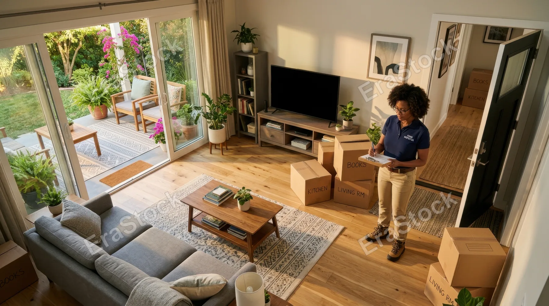 an overhead view of the living room showcases the 44-year-old black female home inspector engaging with her clipboard at the entrance while the stylishly furnished space