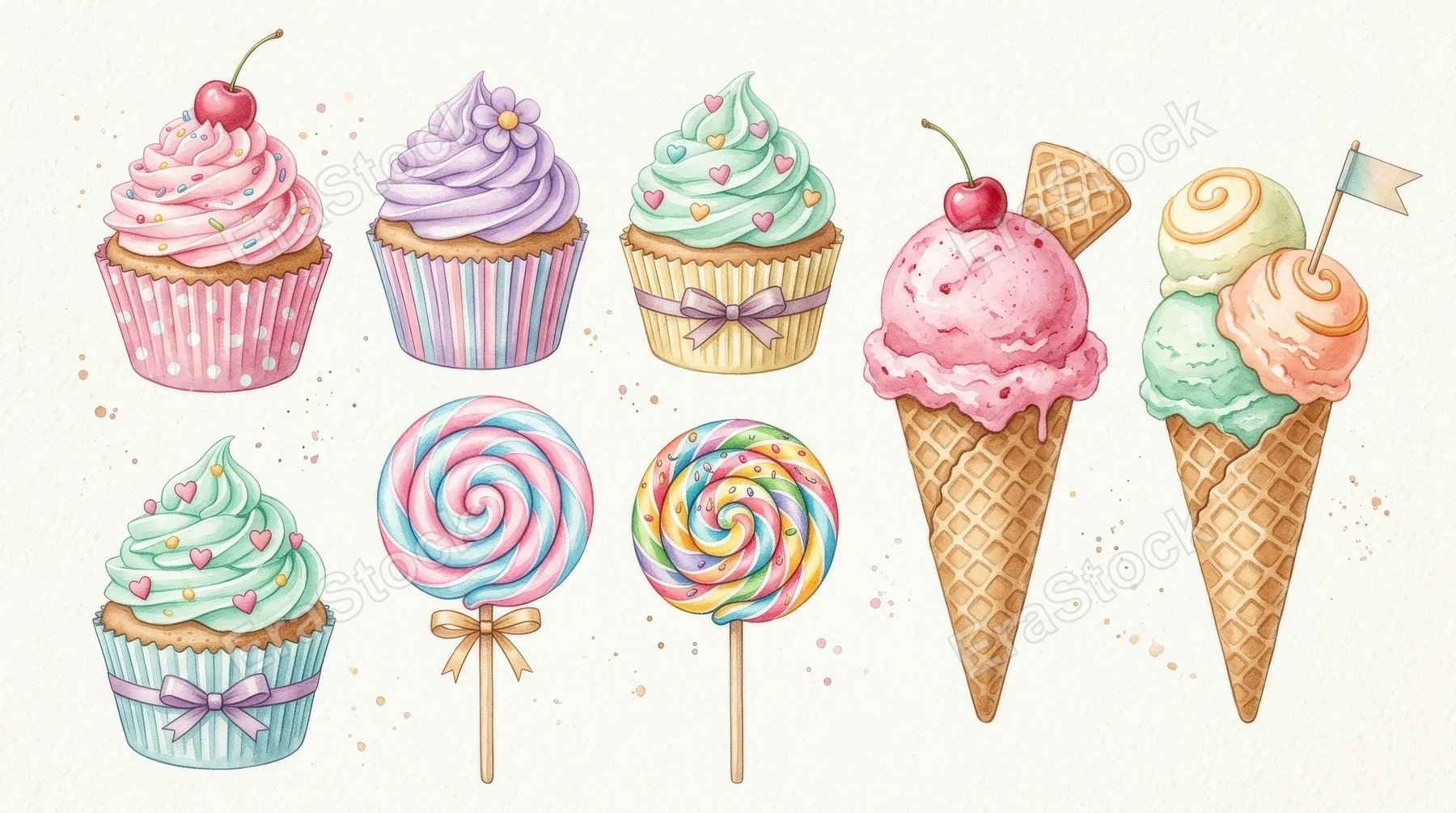 A watercolor sweets clipart set with cupcakes, ice cream cones and lollipops in pastel tones, sugary playful nursery atmosphere, ultra-realistic, no logos.