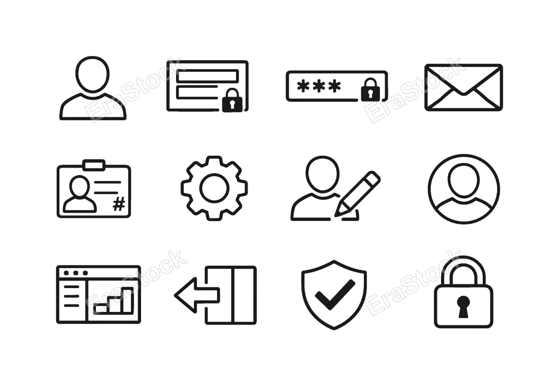 User account management: user profile, login form, password field, email address, username id, profile settings, edit profile pencil, profile picture, account dashboard,
