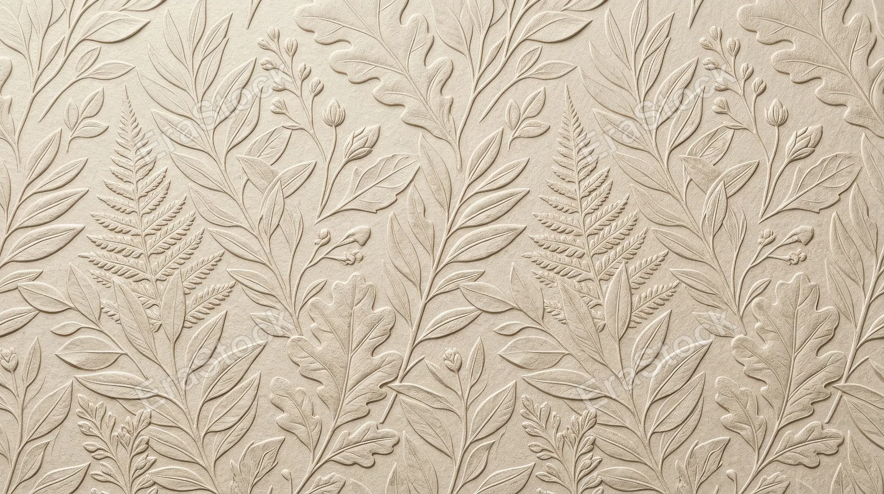 Seamless embossed leaf pattern in neutral beige tones, layered botanical texture with quiet decorative sophistication, ultra-realistic, no logos.