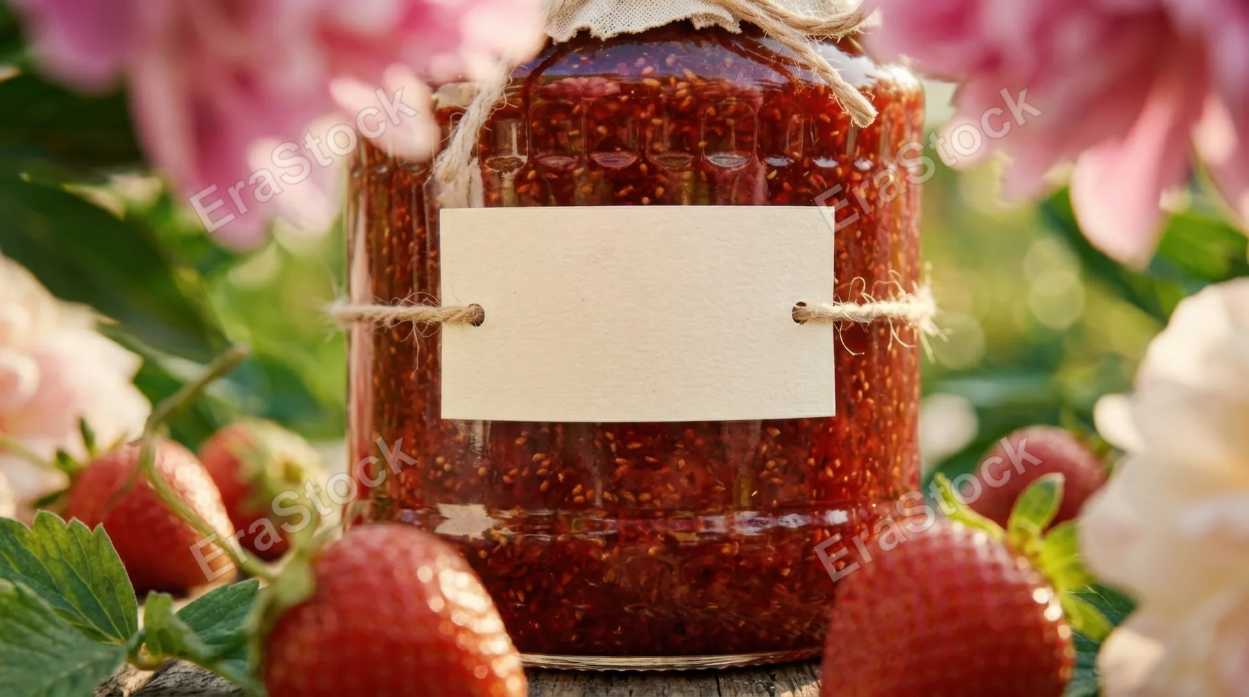 an intimate close-up shot of the blank-label strawberry jam jar, revealing the gleam of its glass and the texture of the wood underneath, framed with fresh strawberries