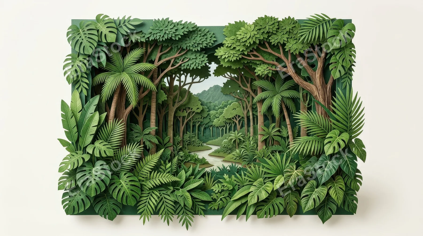 A jungle rainforest cutout set with layered tropical tree shapes, lush foliage textures, clean isolated composition, ultra-realistic, no logos.