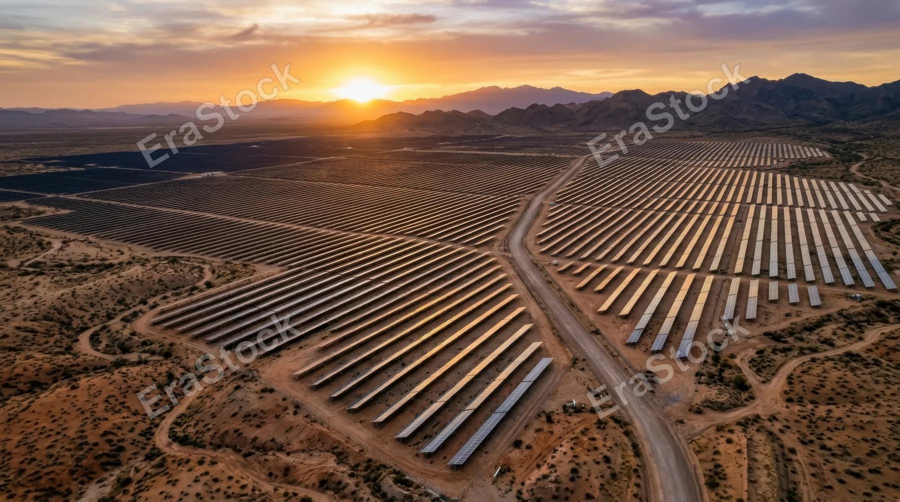 Aerial drone shot of a massive solar panel farm stretching across an arid desert landscape at sunset, thousands of photovoltaic panels arranged in perfect geometric rows