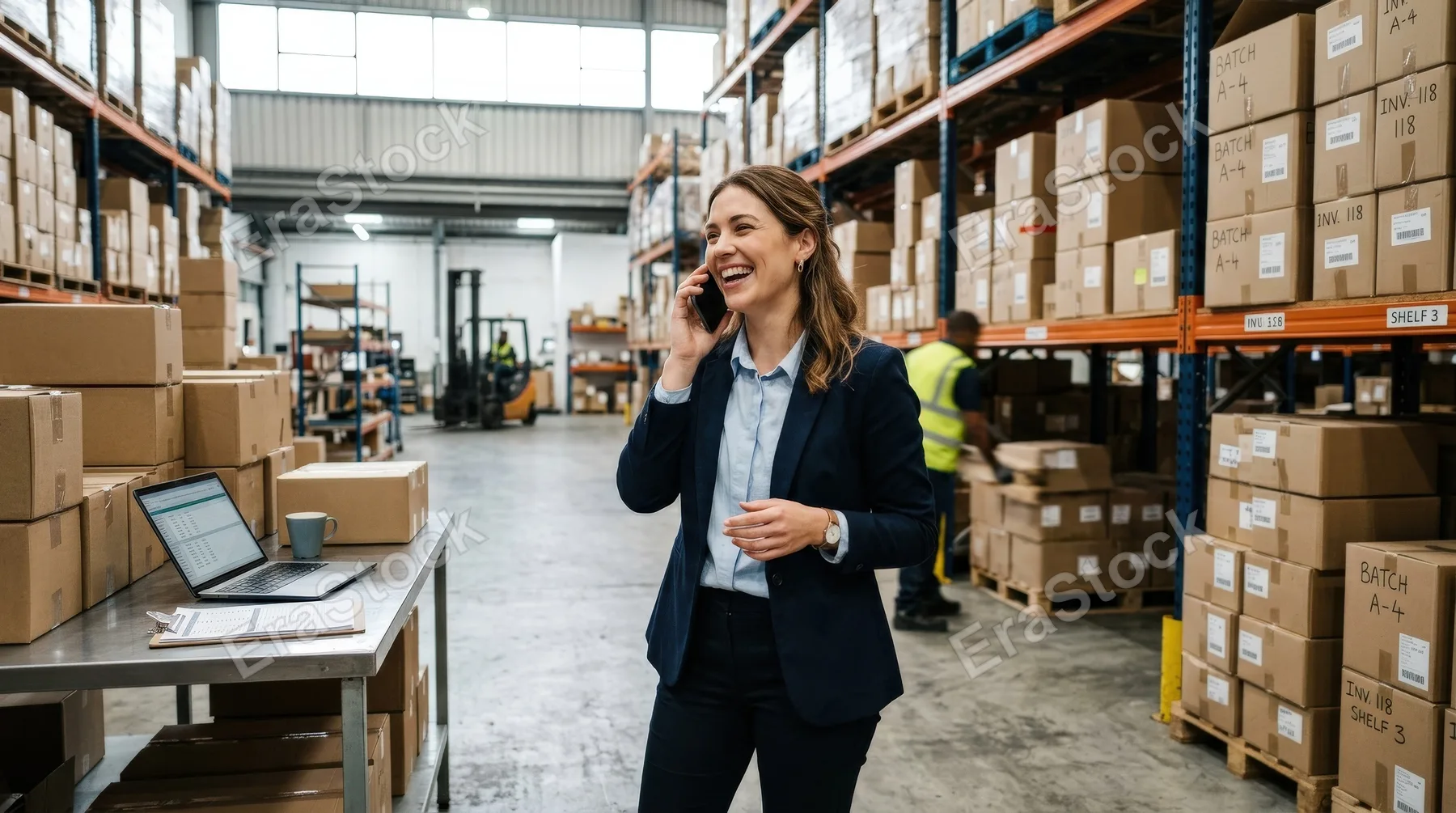 A happy young businesswoman speaking on the phone in a warehouse, stacked boxes behind her, practical workspace, bright industrial light and efficient upbeat mood, ultra-realistic, no logos.