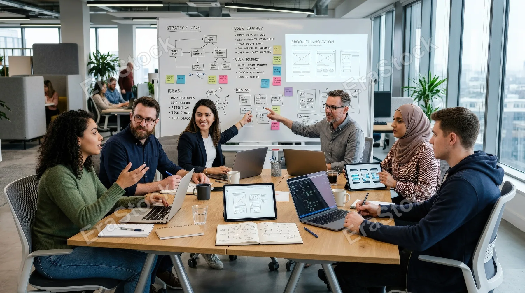 A group discussing ideas in an office with laptops and a presentation board, people seated around a modern table, sketches and digital screens adding depth, bright workspace and a concentrated