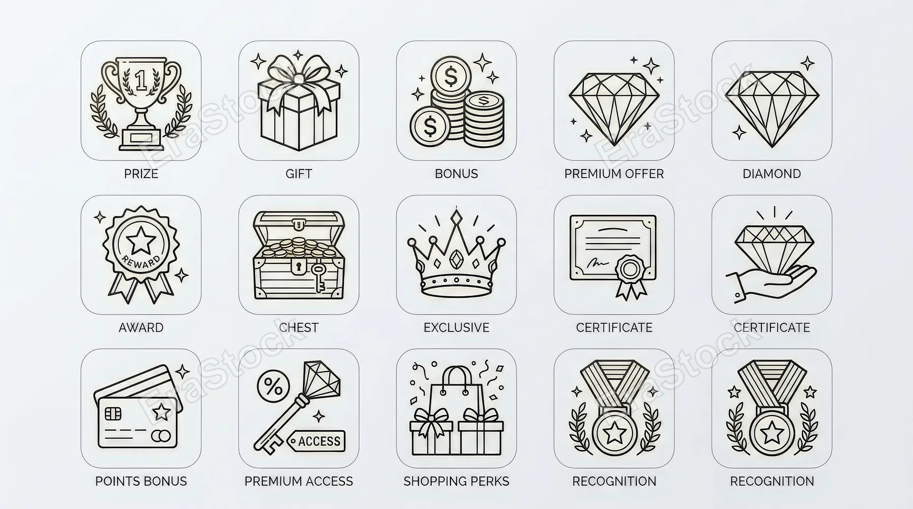 An exclusive benefit and reward icon set with prize, incentive, bonus, and premium offer symbols, crisp outline design, smart promotional style, ultra-realistic, no logos.