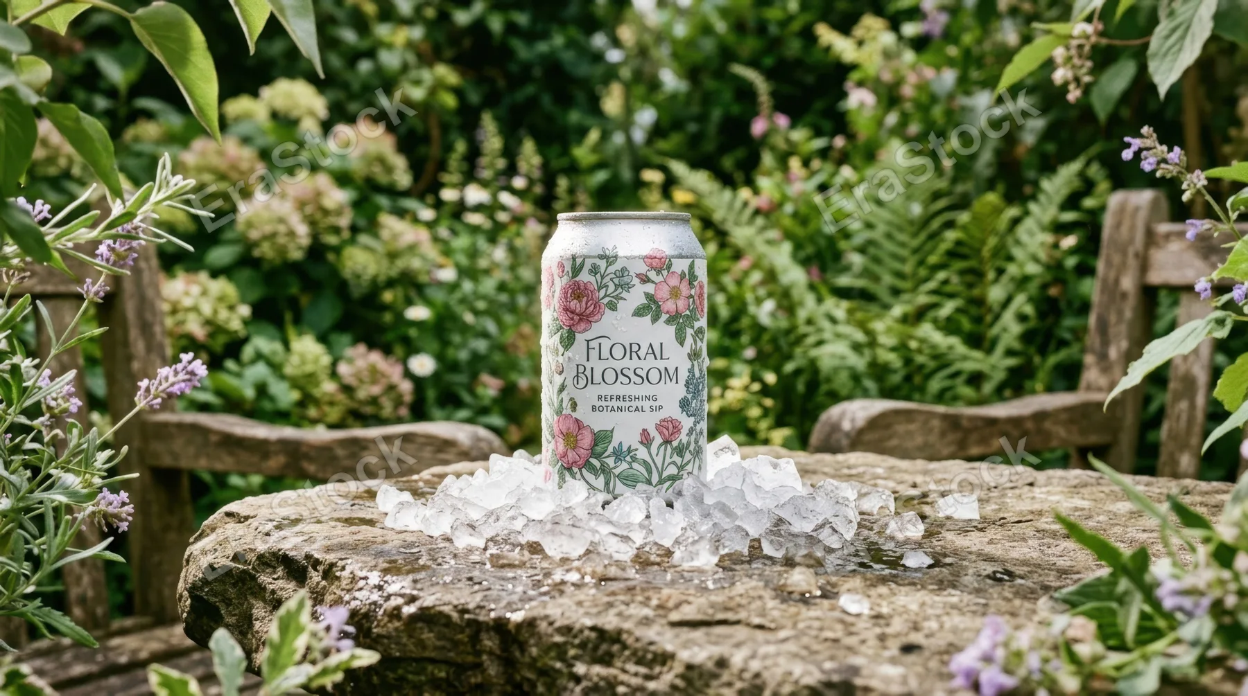 a chilled beverage can adorned with a floral design rests on a textured picnic stone, surrounded by crushed ice, creating a refreshing focal point. the lush greenery and