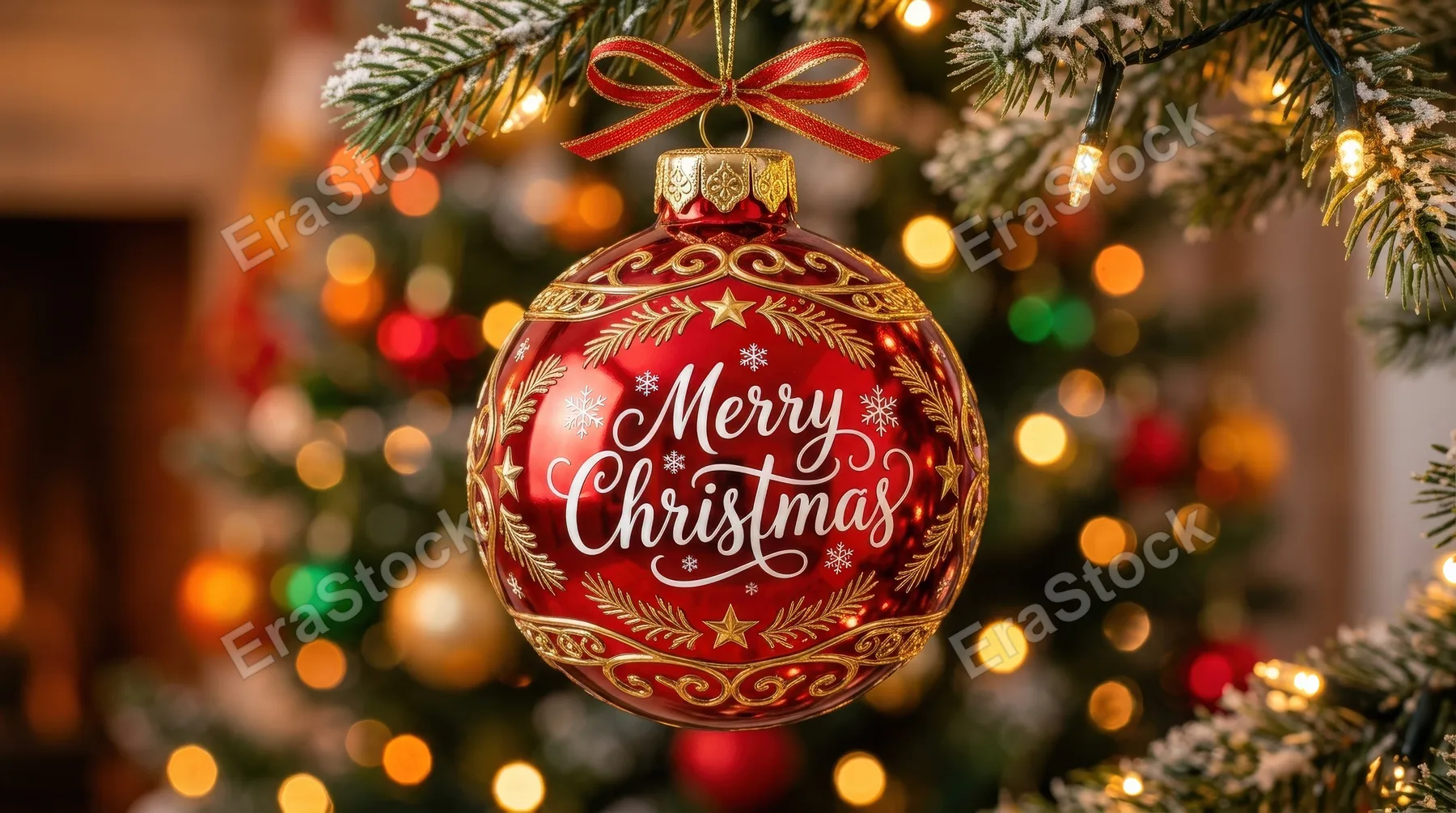 A red Christmas bauble ornament with white merry Christmas lettering, shiny metallic surface and elegant gold details, polished festive product style, ultra-realistic, no logos.