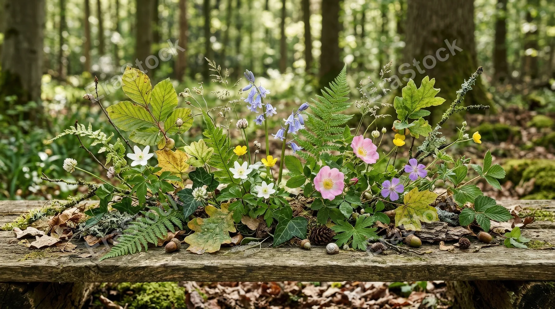 A horizontal arrangement of forest leaves and flowers with airy botanical detail, woodland freshness and calm natural rhythm, ultra-realistic, no logos.