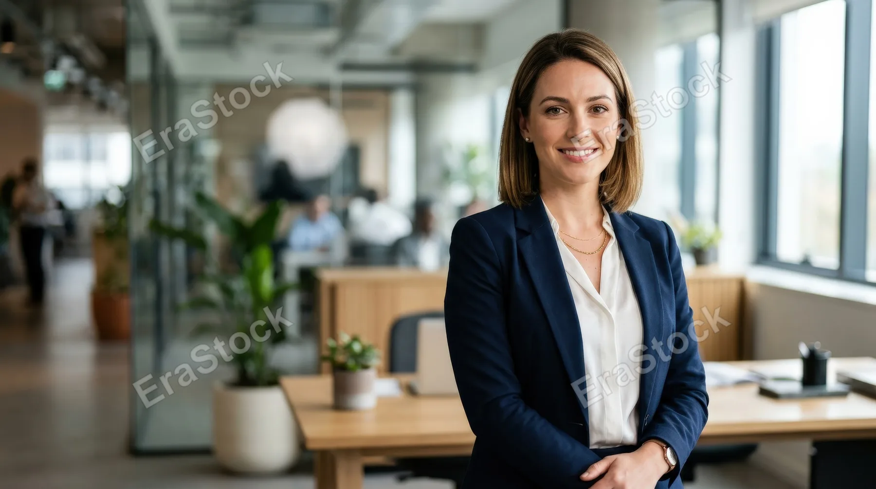 Portrait of a young businesswoman looking at the camera in an office, confident gaze, soft background blur, polished attire, balanced daylight, refined and approachable atmosphere, ultra-realistic, no