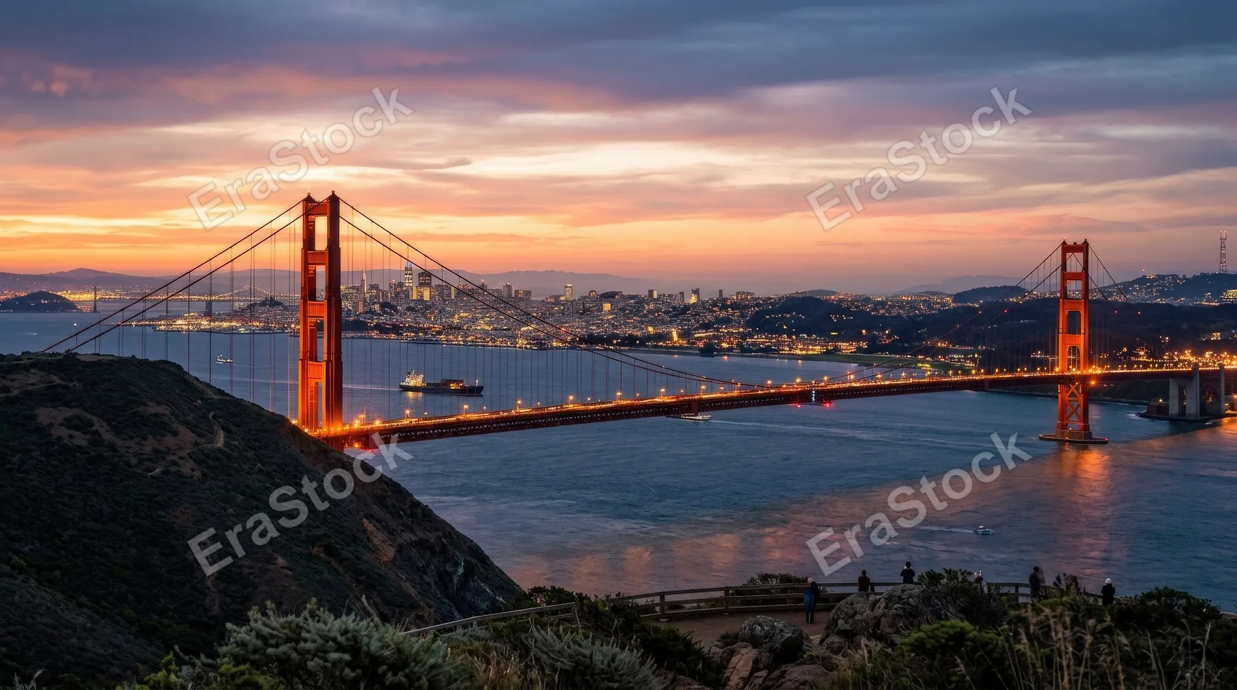 San Francisco's Golden Gate Bridge at sunset with the city in the background, glowing orange structure, layered hills, soft sky gradients, iconic cinematic atmosphere, ultra-realistic, no logos.