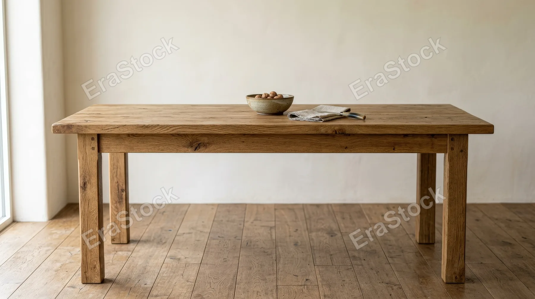 A simple wooden dining table against a plain background, natural grain and sturdy construction highlighted by soft studio light, understated warm atmosphere, ultra-realistic, no logos.