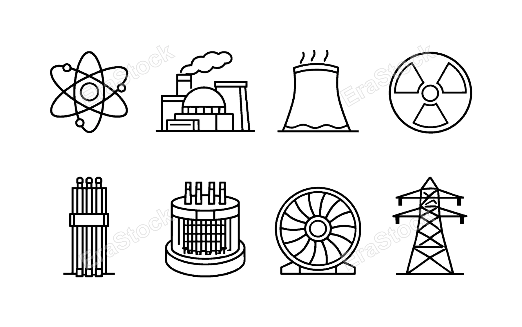 Nuclear energy: atom symbol, nuclear power plant, cooling tower, radiation sign, fuel rod, reactor core, turbine, energy grid tower.