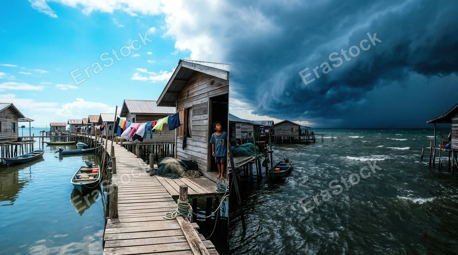 A fishing village stilted house photographed at the precise moment a storm front arrives, half the sky still brilliant turquoise and sun-struck while the other half has