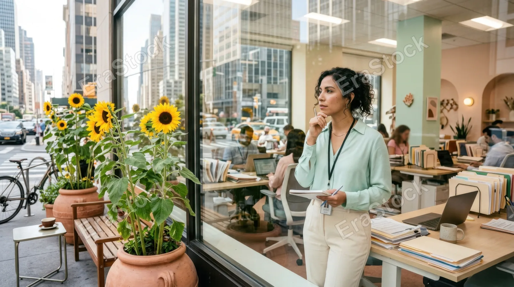 a wide shot of a 29-year-old latinx female assistant standing pensively in a bustling office filled with paperwork, glancing thoughtfully out a large window reflecting a