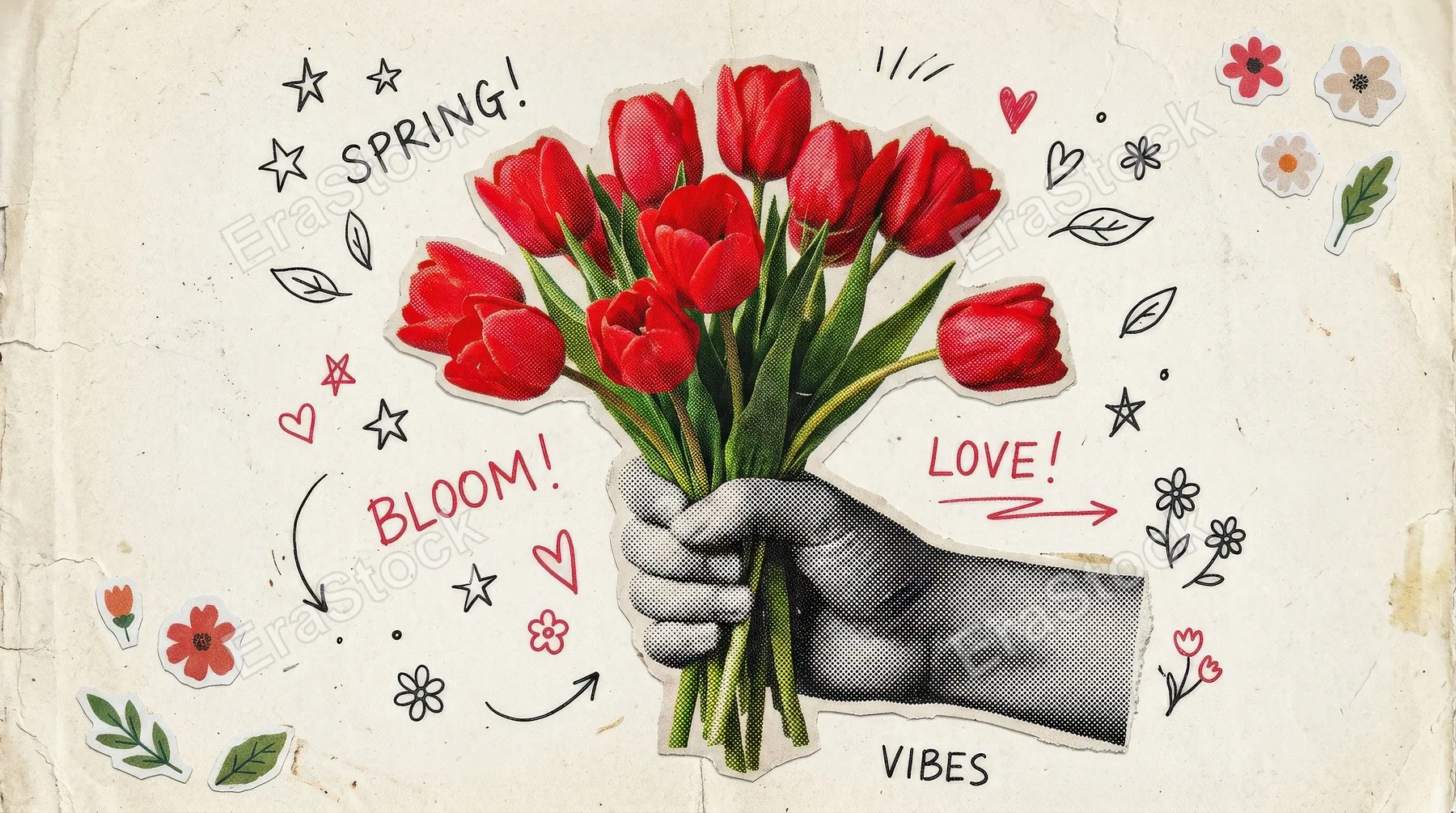 A halftone hand holding a bunch of vivid red tulips, torn magazine-cut styling, spring floral sticker mood with nostalgic dotted texture and playful doodles, ultra-realistic, no logos.