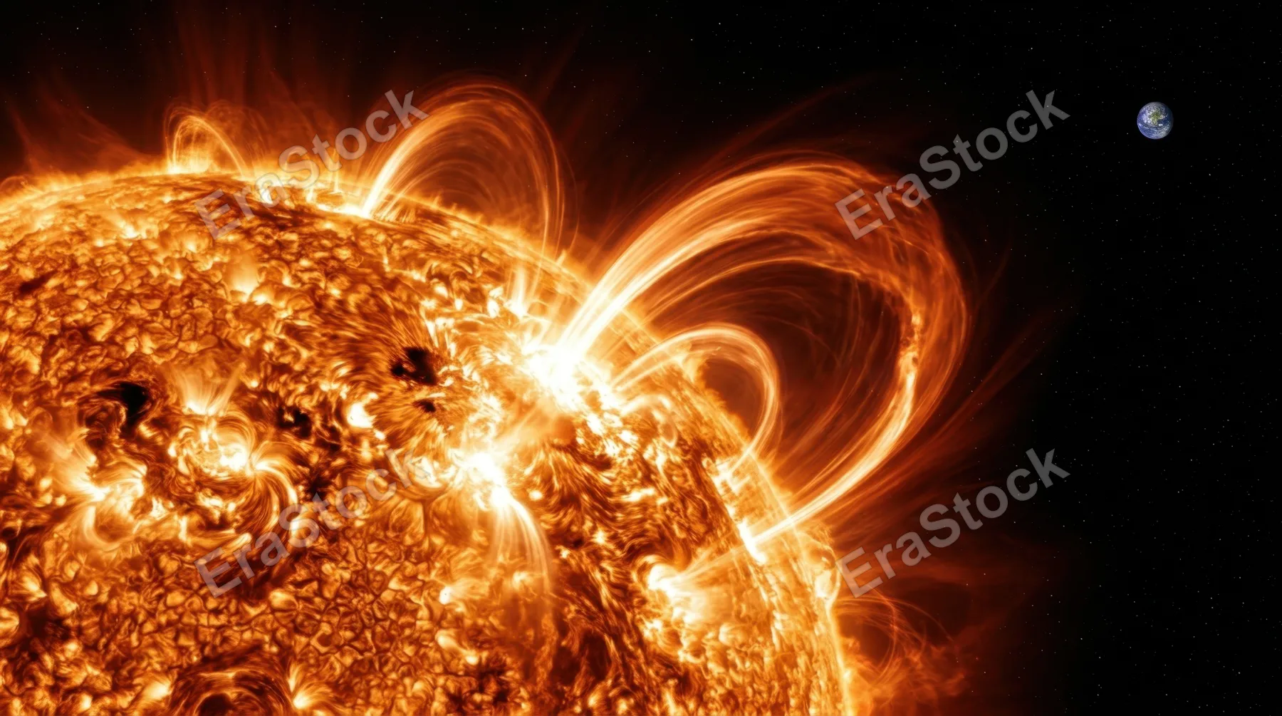 A solar flare erupting from the surface of the sun, colossal plasma loops arcing millions of kilometers into space against the black void, the chromosphere seething with