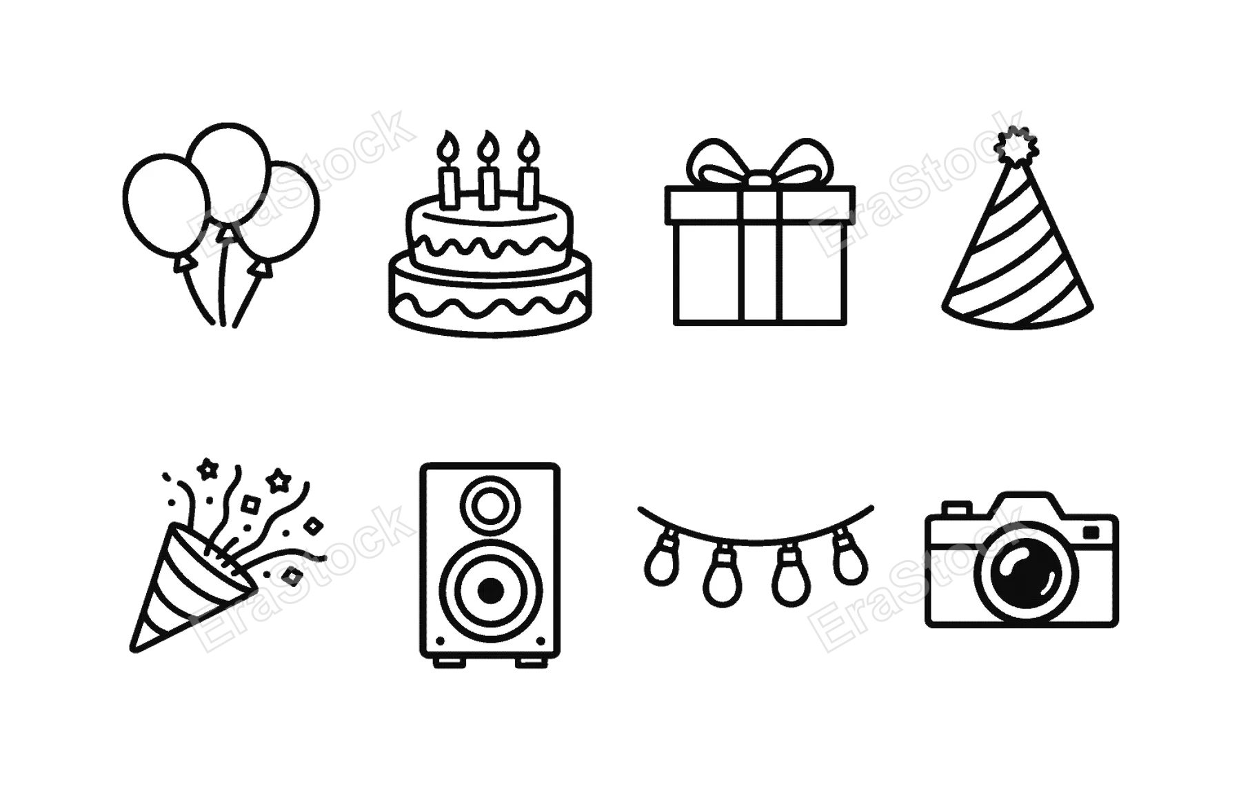Party organization items: balloons, birthday cake, gift box, party hat, confetti popper, speaker, string lights, photo camera.