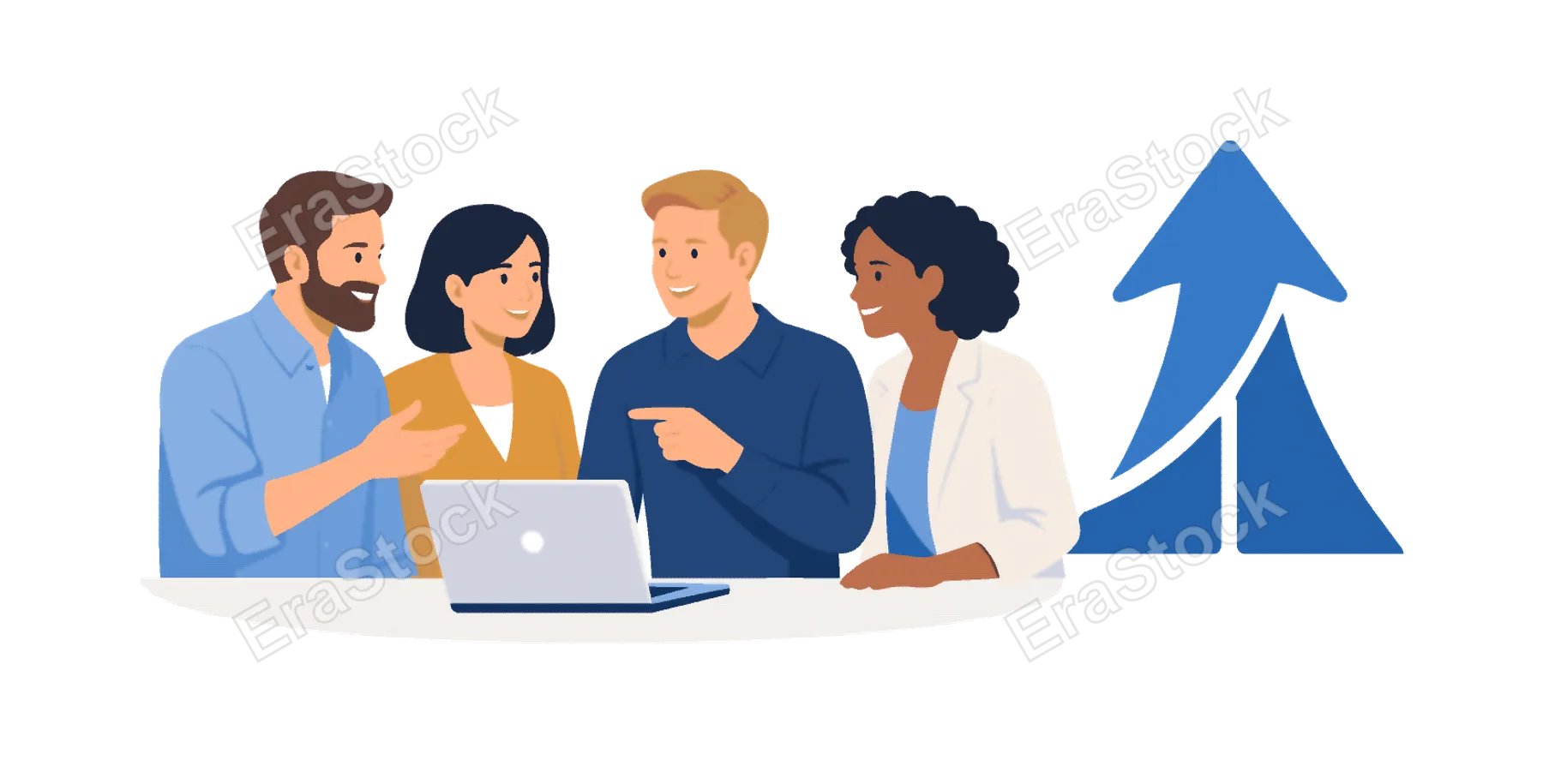 A team building clear alignment during a collaborative planning discussion, gathered near a laptop while interacting with a simple unified direction arrow symbol beside