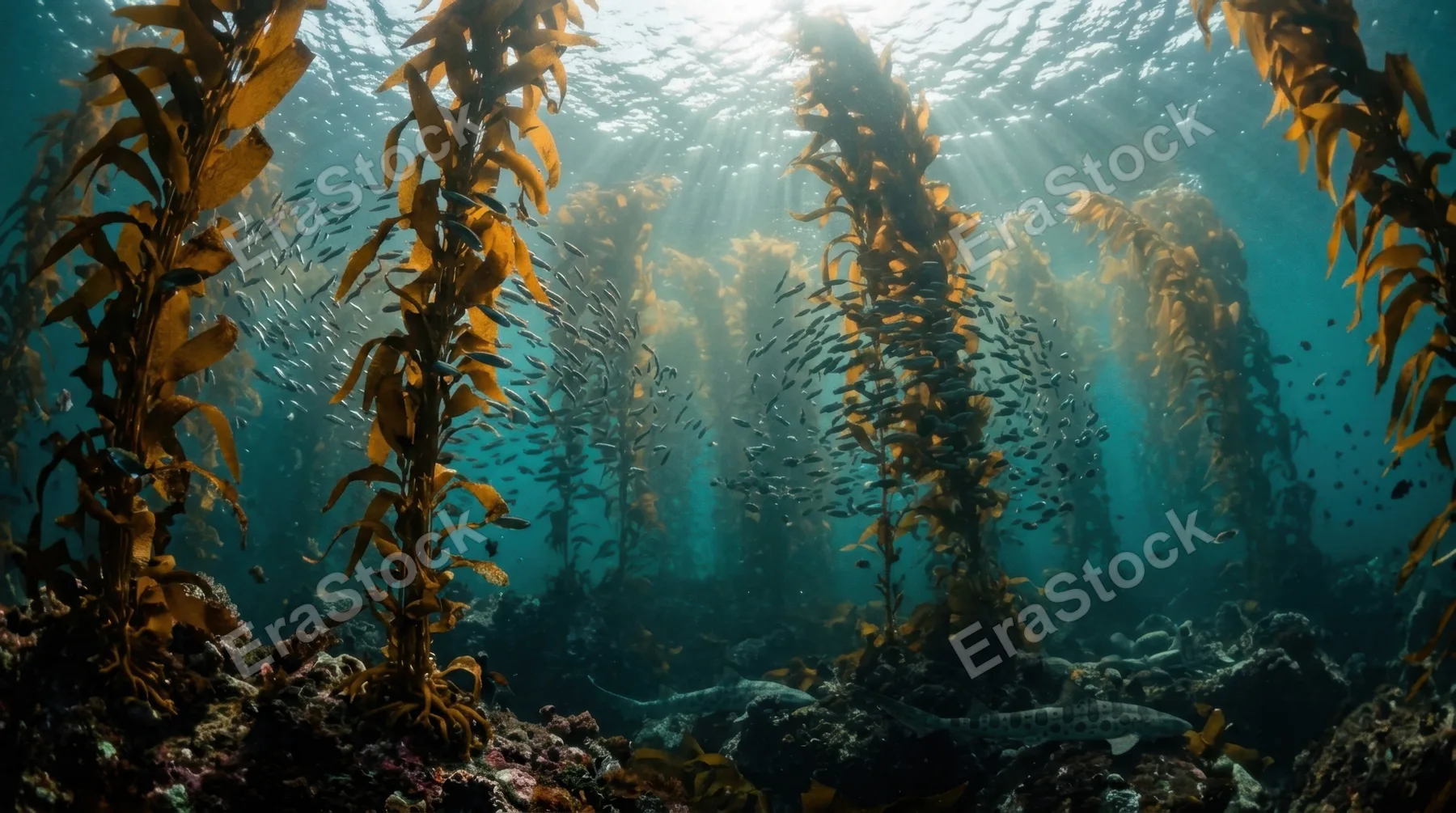 A giant kelp forest with towering amber fronds rising thirty meters from the rocky seafloor toward the shimmering silver surface, shafts of sunlight descending between